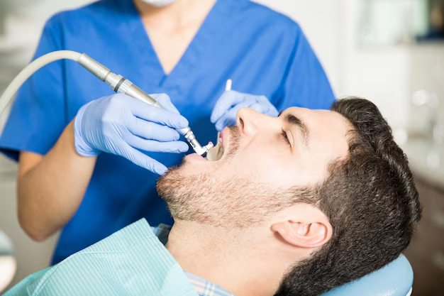 Mid adult man receiving dental treatment from female dentist clinic 662251 2555