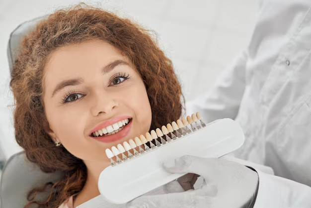 Woman smiling while male dentist keeping teeth color range 651396 1397